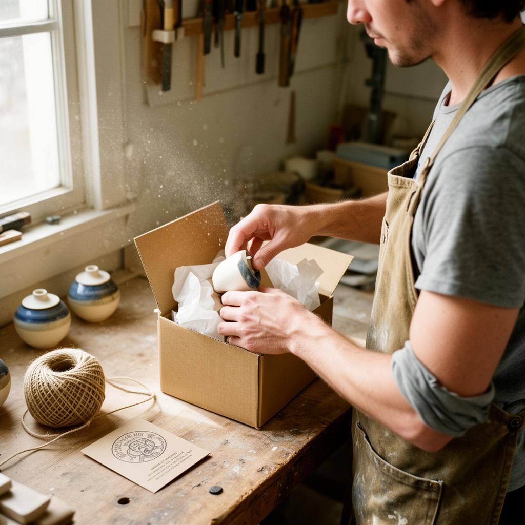 A maker in their workshop, packing a small ceramic order by hand.