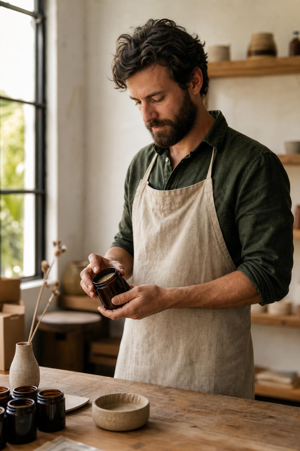 A bearded independent brand founder in his studio, inspecting a hand-finished product in warm natural light.