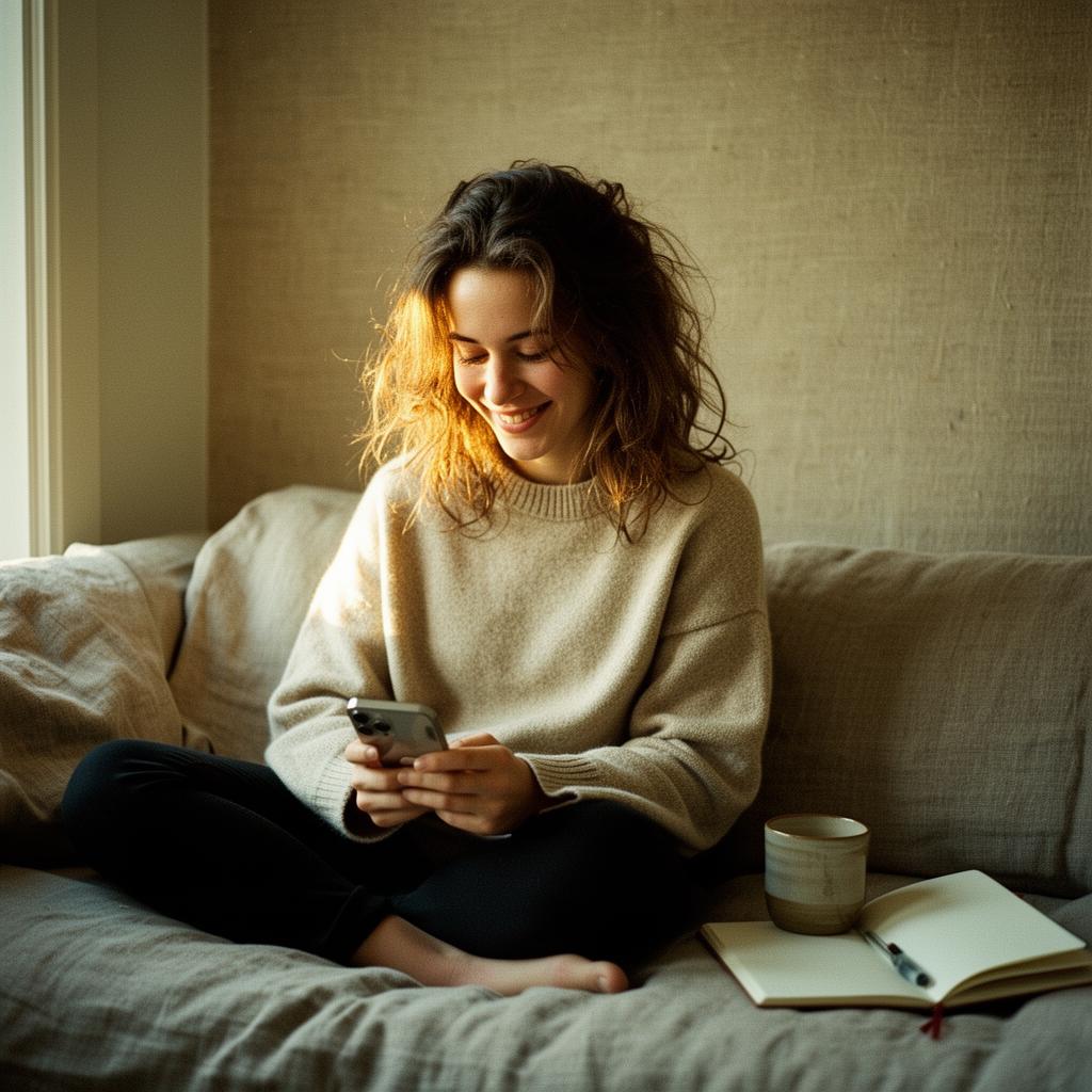 A creator at home, smiling at her phone in warm afternoon light.